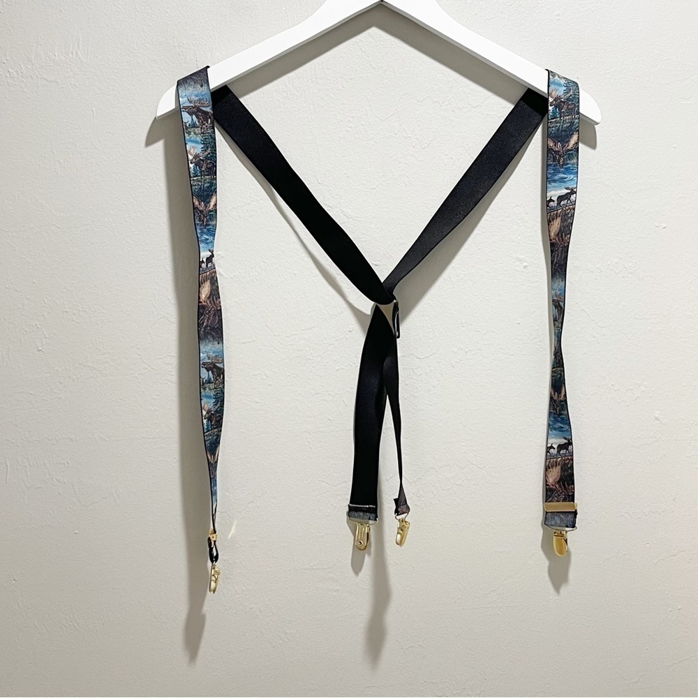 Vintage Men’s Multicolor Moose Graphic Silk Adjustable Suspenders 1.25” Wide OS